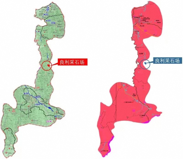 左侧为2010年批复的《公园规划》中地质公园边界图，良利采石场位于边界内；右侧为2018年出台的《凤山县矿产资源总体规划（2016-2020年》附图，将良利采石场调出公园范围。